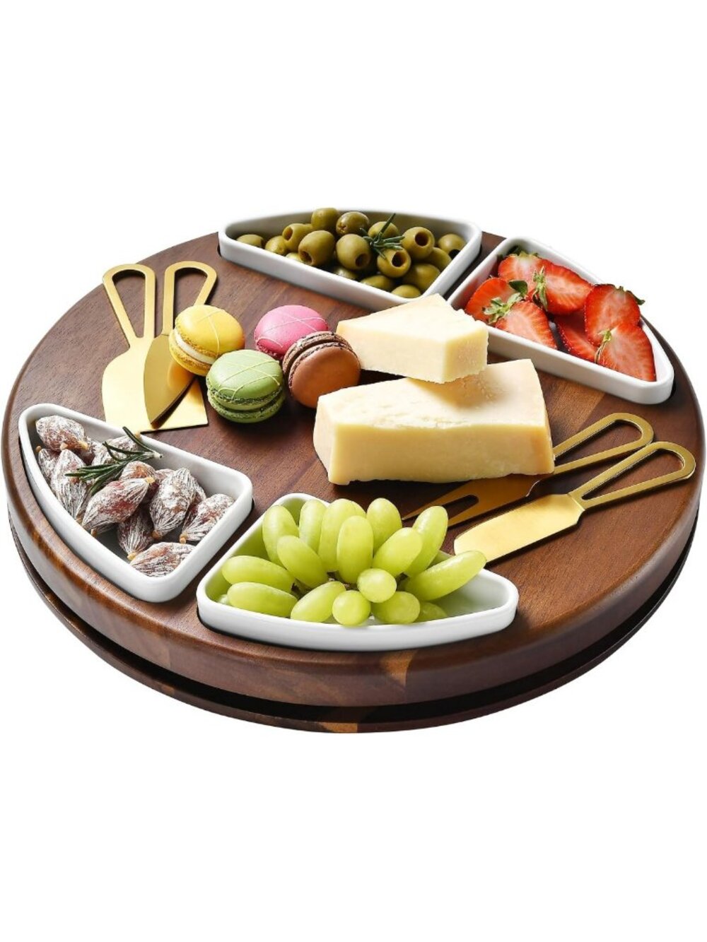 Premium Rotating Charcuterie Board with 4 Ceramic Bowls - Perfect Gift for